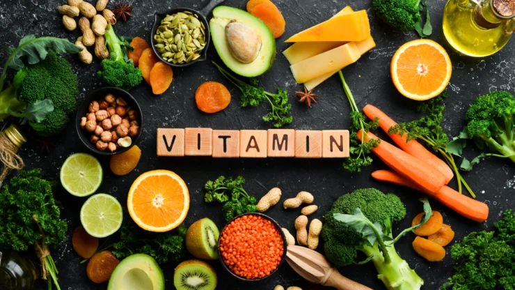 A variety of fruits, vegetables, nuts, and seeds arranged around wooden blocks spelling out "VITAMIN".