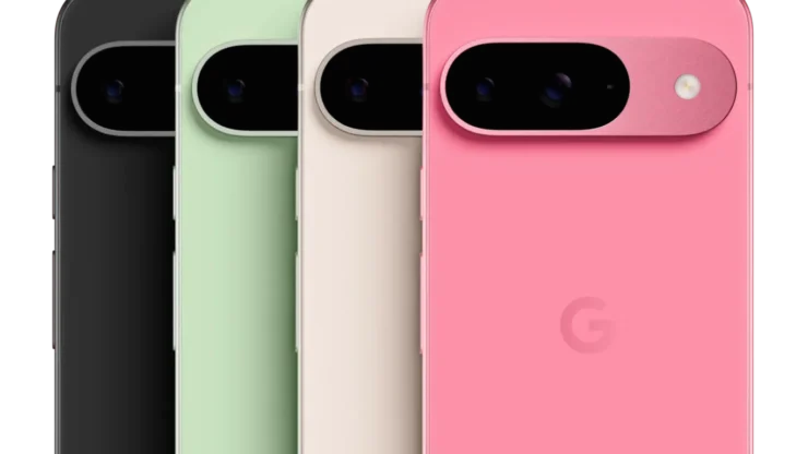 Four Google Pixel 9 smartphones lined up in different colors: black, green, cream, and pink, showing the back of the phones with the camera bar and Google's 'G' logo.