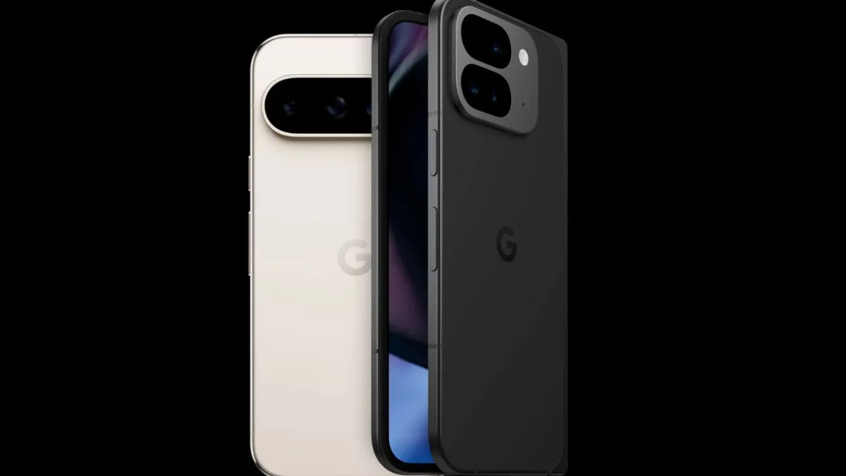 Two smartphones displayed in front and back views, one in cream and the other in black, featuring dual rear cameras and the Google logo.