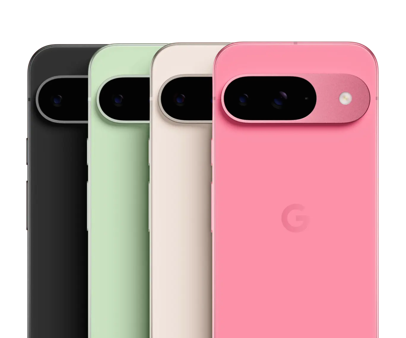 Four Google Pixel 9 smartphones lined up in different colors: black, green, cream, and pink, showing the back of the phones with the camera bar and Google's 'G' logo.